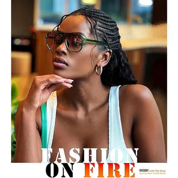 New Feisedy Womens Green Frame Brown Lens 70s Retro Square Aviator Sunglasses - Picture 5 of 6